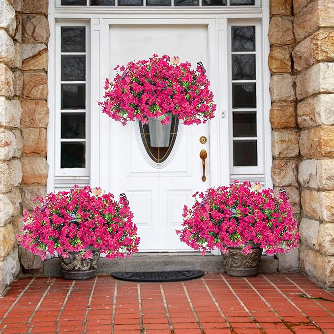 20 Bundles Artificial Flowers for Outdoors‌ with 6 Faux Butterflies, UV Resistant Fake Flowers‌ with Eucalyptus Leaves, Artificial Plants Outdoor‌ for Patio Garden Porch Home Decor (Rose Red)