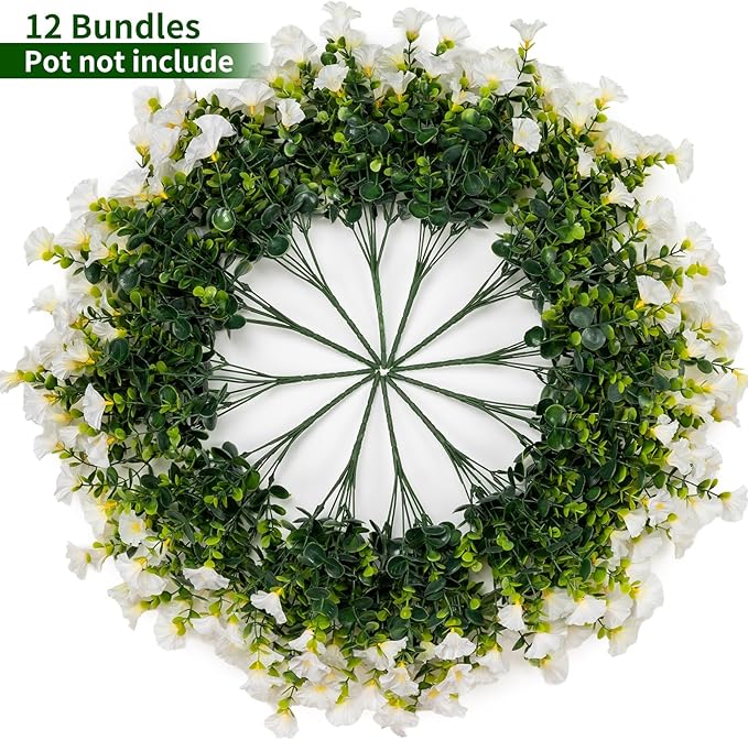 Lnoicy Artificial Flowers for Outdoor 12 Bundles Eucalyptus Fake Flowers for Planter,UV Resistant Fake Morning Glory for Home/Porch/Garden Decoration（White）