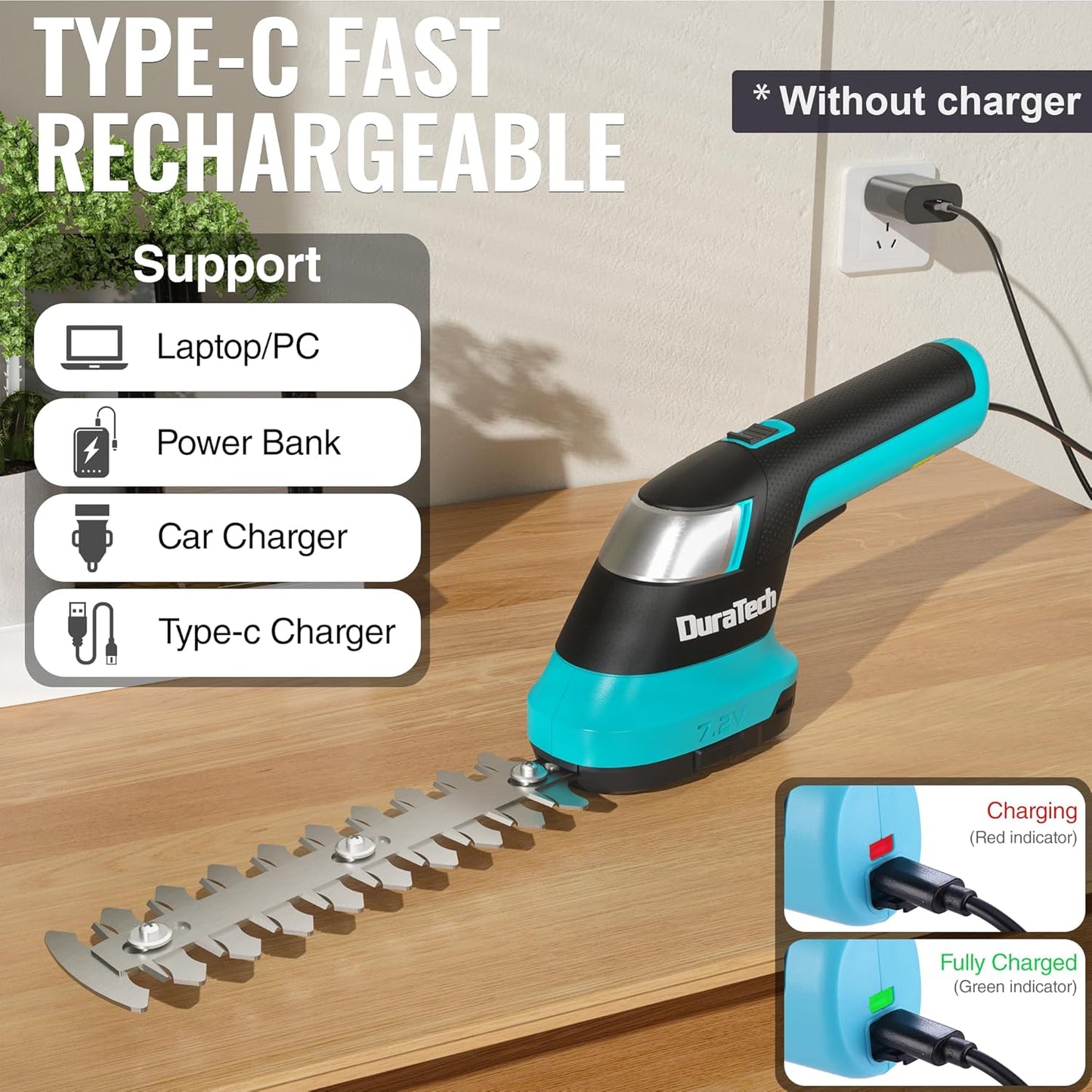 DURATECH Cordless Hedge Trimmer, 7.2V 3-in-1 Handheld Electric Grass Trimmer & Hedge Shears with 50" Wheeled Extension Pole, USB Type-C Cable and Built-in Li-ion Battery, for Garden, Yard and Lawn