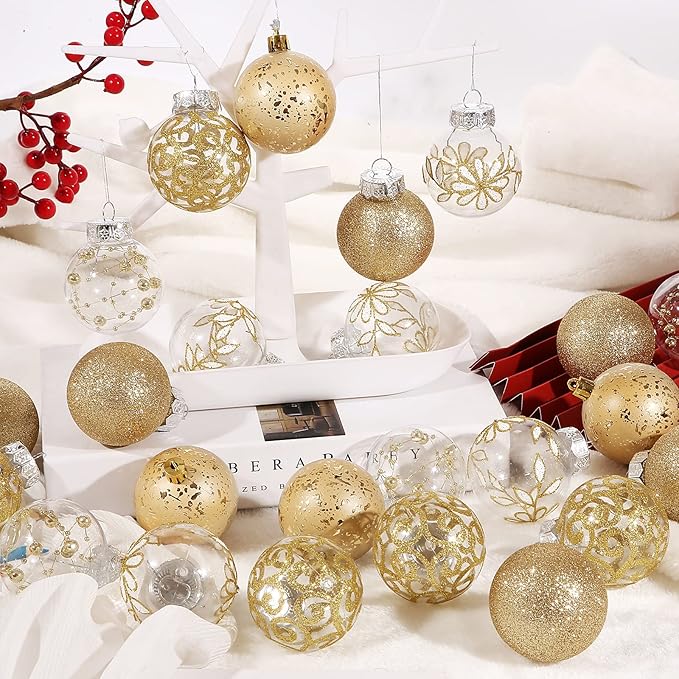 60mm/2.36inch Clear Christmas Ball Ornaments Set, 30ct Champagne Gold Christmas Ornaments Ball for Christmas Tree Decoration Shatterproof Transparent Baubles with Stuffed Decoration for Wedding Party