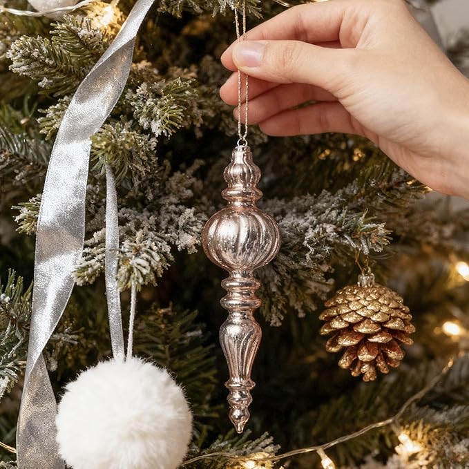 DN DECONATION Mercury Glass Finial Christmas Ornaments, Large Hanging Teardrop Ornament, Shiny Ball Ornaments for Xmas Tree, Winter Wedding, Party, Holiday Home (4-Pieces, Champagne Gold)