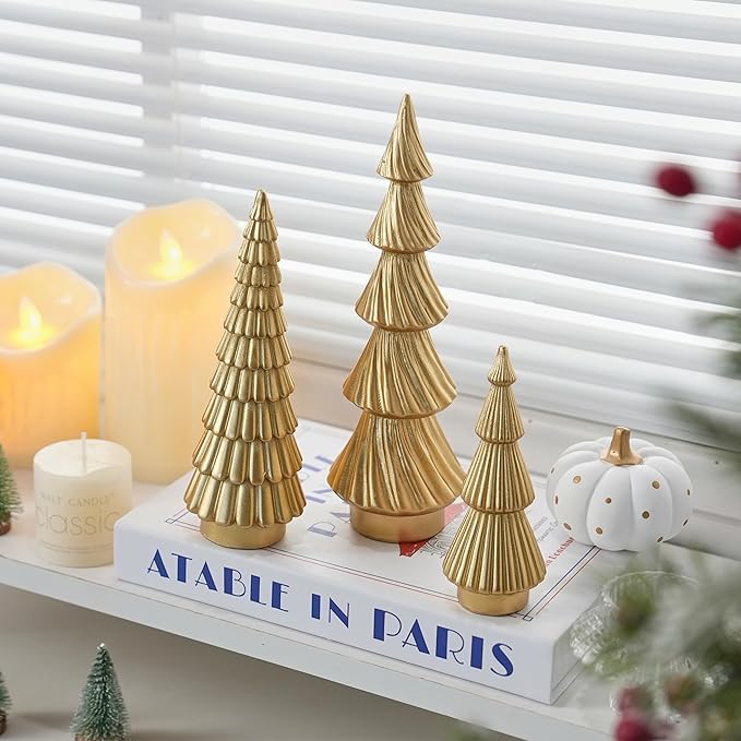 Gold Christmas Trees Small Resin Christmas Tree Figurines, 3Pcs Decorative Tabletop Trees for Xmas Decorations Indoor Mantel Centerpiece