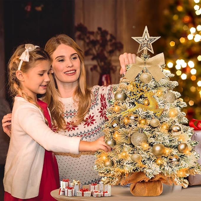 Mini Christmas Tree-with Lights,2ft Small Flocked Christmas Tree with 24pcs DIY Decorations,Small Flocked with LED Lights for Holiday Indoor DIY Decor