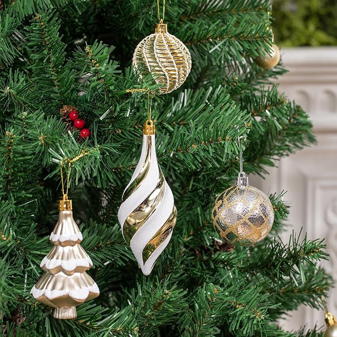 108 Pcs Christmas Ball Ornaments Set, Champagne Gold and White Shatterproof Hand-Painted Hanging Bulbs Decoration for Xmas Tree, Wreath, Garland, Home Holiday Decor