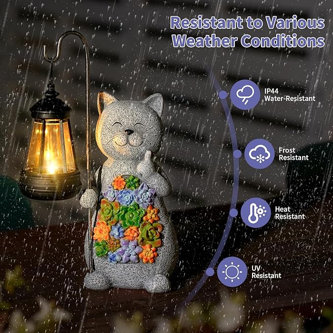 Solar Cat Garden Statue with Succulent Decor Hanging Lantern – Waterproof Resin Outdoor Figurine for Yard, Patio, Balcony – Gift for Cat Lovers, Gardeners