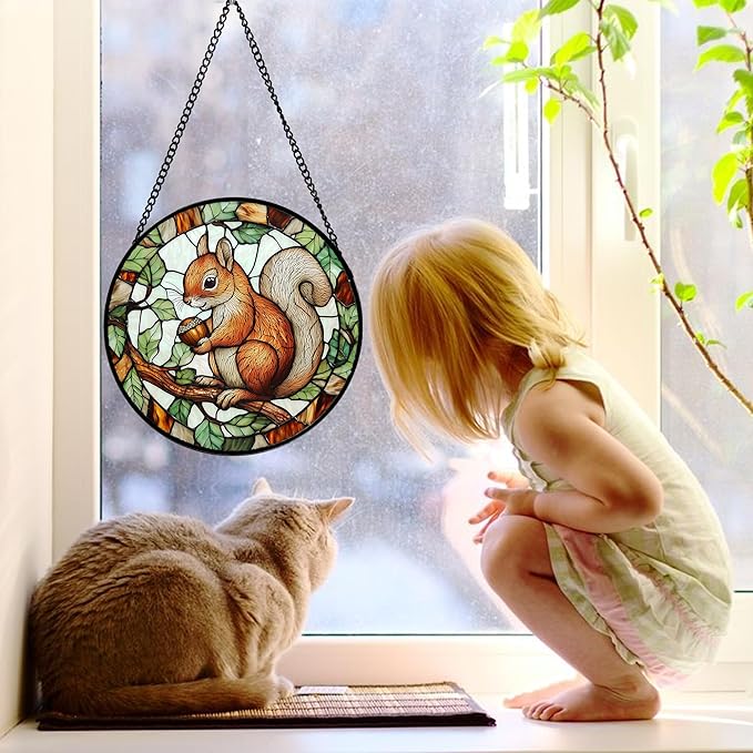 Stained Glass Window Hanging, Squirrel on a Branch Suncatcher Diamond Glass Panel Animal Sun Catchers Decor for Birthday for Women, Men, Wife, Aunt, and Mom 9.8 in