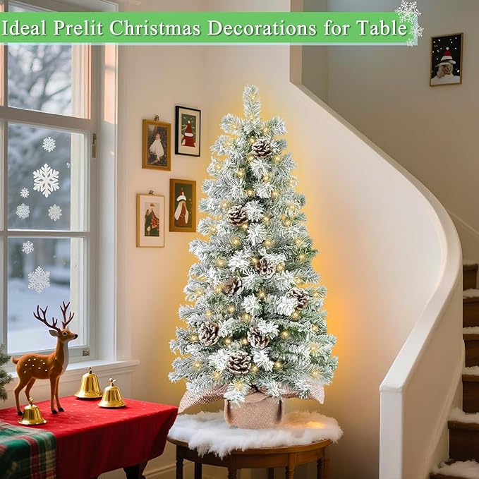 Timer - 3 Ft Artificial Mini Christmas Tree, Thick Snow Flocked Tabletop Christmas Tree with 50 Warm White Lights Battery Operated 102 Snowy Branches 12 Pinecones Burlap Base Xmas Decor Home Indoor