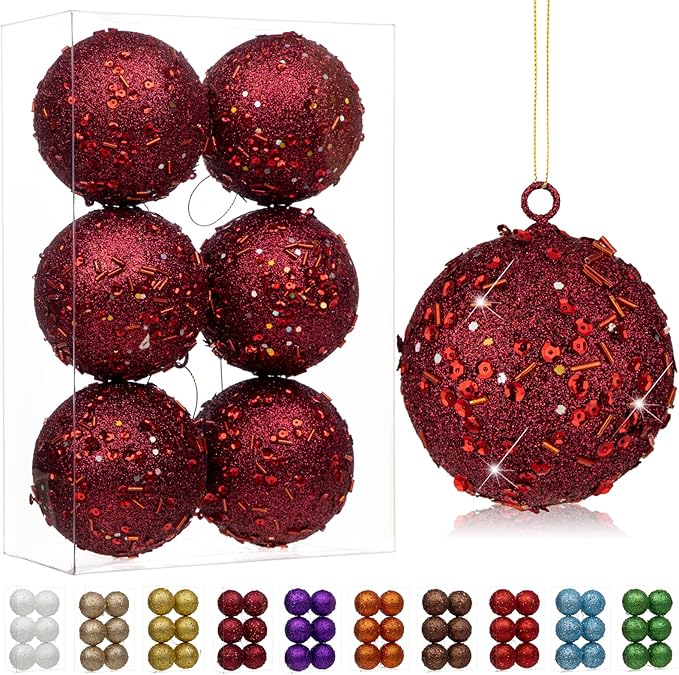 3.15" Large Christmas Balls Ornaments 6 Pcs Shatterproof Big Burgundy Red Christmas Ornaments for Xmas Tree Bulk Glitter Big Xmas Tree Ornament for Trees Halloween Holiday Wedding Party Decoration