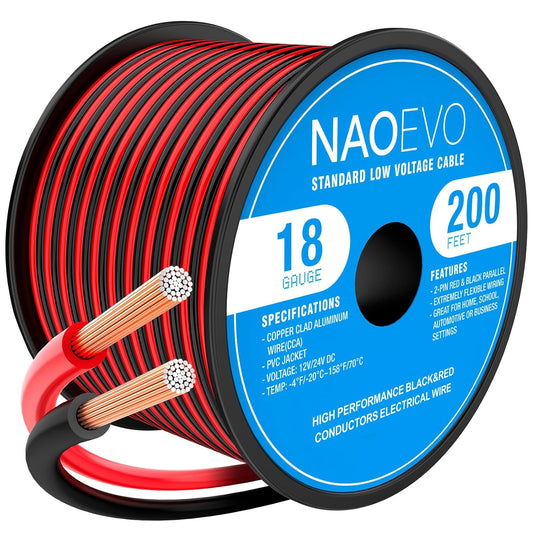 NAOEVO 18 Gauge Wire 200FT, 2 Conductors Electrical Wire Red Black Cable, Flexible/Low Voltage/PVC 18 AWG Copper Clad Aluminum Extension Cord for Speaker, LED Strips, Automotive 12V/24V DC