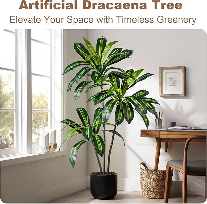 Artificial Dracaena Plant 4FT - Realistic Fake Dracaena Tree Tall Large Faux Silk Plants Fake Floor Potted Artificial Plants for Home Decor, Office Plants