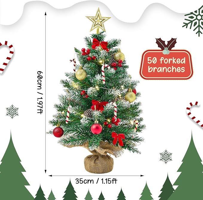 Small Christmas Tree with LED Lights, 2ft Table Top Christmas Tree with Burlap Bag Base and Star Tree Topper, 24 in Mini Tabletop Xmas Tree for Table Desk Home Christmas Decorations