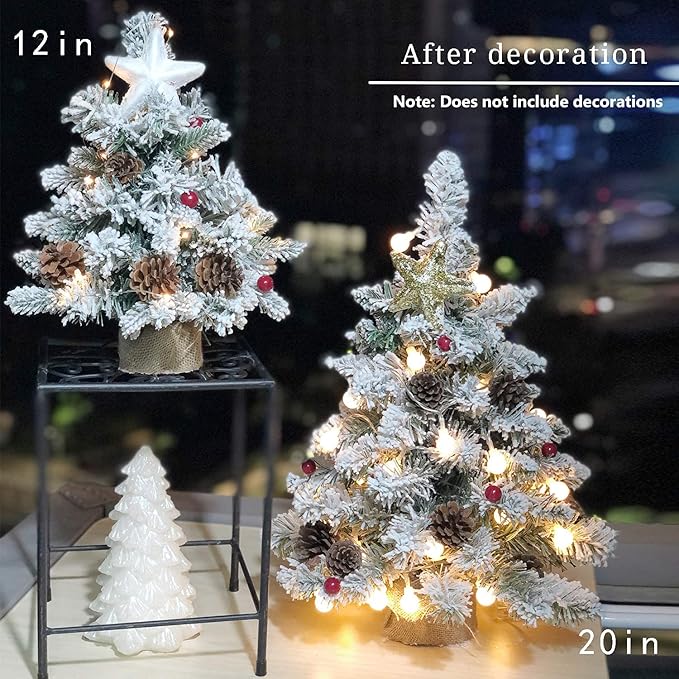 Pre-Lit Artificial Mini Christmas Tree,20 Inch Snow Flocked Small Pine Xmas Tree with 40 LED Lights,70 Branch Tips,Battery Operated Tabletop Christmas Tree Burlap Base-(50cm)