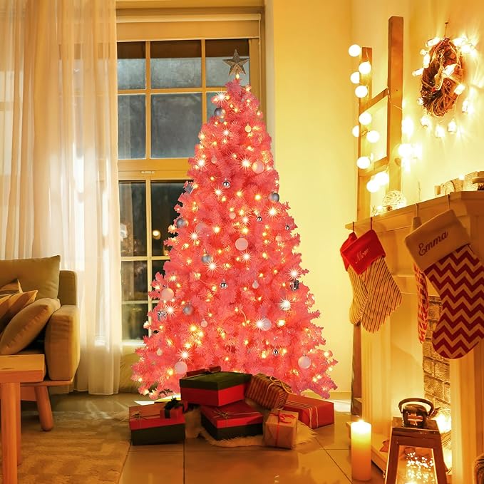 VINGLI 6ft Pink Pre-lit Artificial Christmas Pine Tree with 250 Warm White Lights, Xmas Tree Holiday Party Decorations with Sturdy Metal Stand, Full 900 Tips Branch, 8 Color Modes