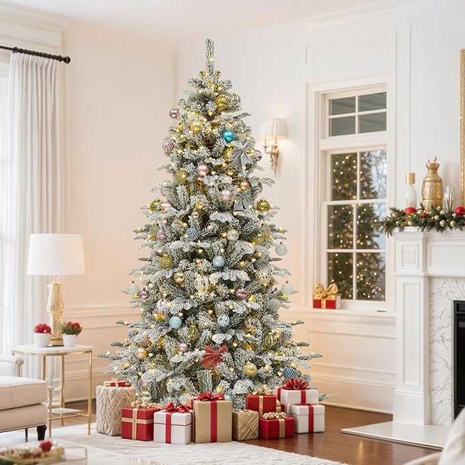 GOOBED 6.5 ft Prelit Snow Flocked Christmas Tree, Layered Spruce Christmas Tree w/ 760 Thickened Branch Tips, 350 Lights and Remote for Home, Office, Restaurant & Commercial Events, White Flocked