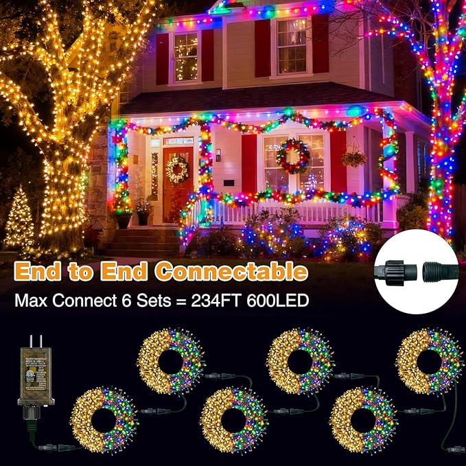 btfarm Color Changing Christmas Lights Outdoor, 49FT 100 LED Christmas Tree Lights Indoor with Remote, Timer Twinkle String Light Waterproof for Xmas Wedding Party Decor, Warm White & Multicolor
