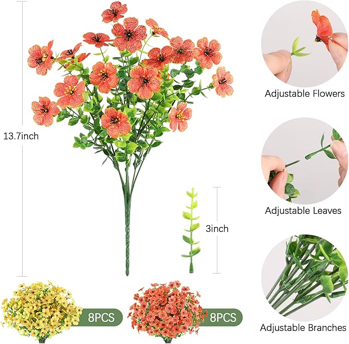 AmyHomie 16 Bundles Artificial Flowers for Outdoor Outside Summer Fall Decoration UV Resistant Faux Flowers No Fade Fake Plastic Plants Garden Porch Window Box Decorating