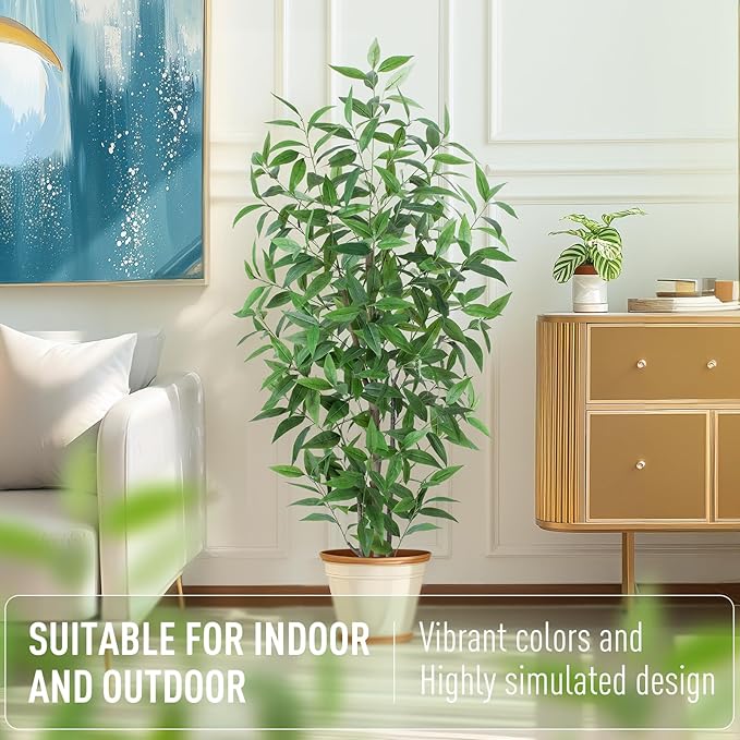 Ficus Artificial Tree -5FT Faux Eucalyptus Trees with Pots, Green Lifelike Leave for Fake Floor Plant,Realistic Artificial Plants Indoor Outdoor Office