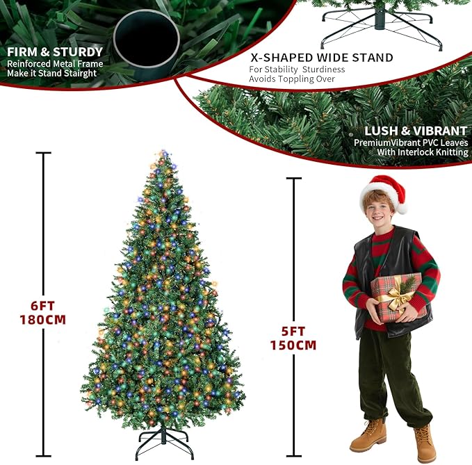 6FT Christmas Tree with Lights,Artificial Christmas Tree with 350 LED Lights and 1000 Branch Tips,Xmas Tree with Foldable Stand Perfect for Indoor&Outdoor,Christmas Decoration for Party by DNKMOR