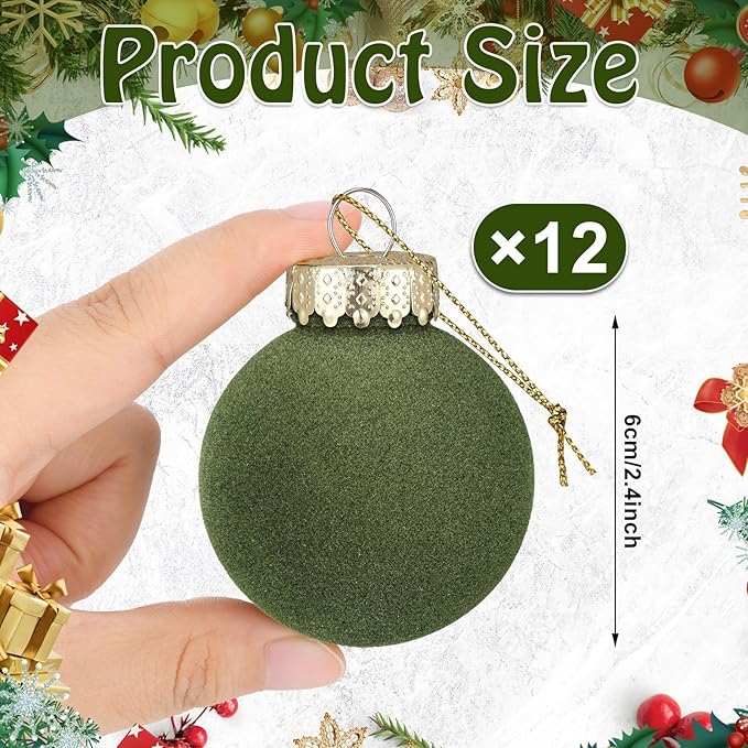 12 Pcs Velvet Christmas Balls Flocked Christmas Tree Hanging Ornaments Shatterproof Plastic Hanging Balls Decorations for Xmas Tree Party Home Holiday Decor (Green, 2.36 inch)