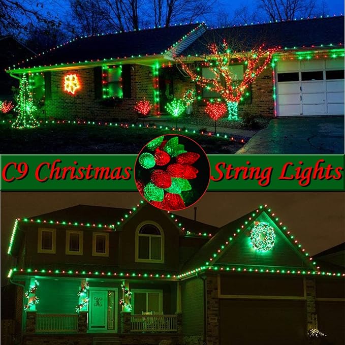 KAQ 2PK 100LED Red and Green C9 Christmas Lights Waterproof Indoor Outdoor, Extendable 98FT String Lights Plug in with 13 Lighting Modes, C9 Christmas Decorations for Party Patio, Outside Yard Decor