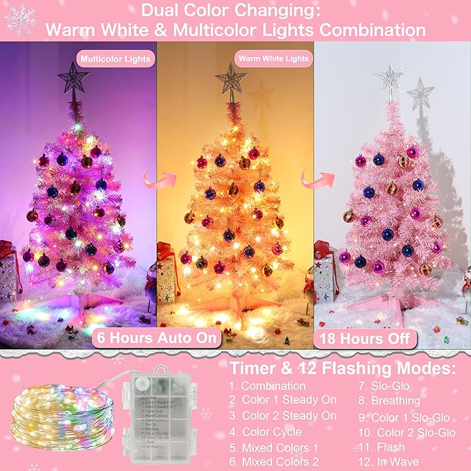 3 Ft Premium Pink Christmas Tree Dual Color Change 12 Modes Timer DIY 50 Warm White & Multicolor Lights 15 Ball Ornaments Star Artificial Small Full Xmas Tree Battery Operated Table Home Indoor
