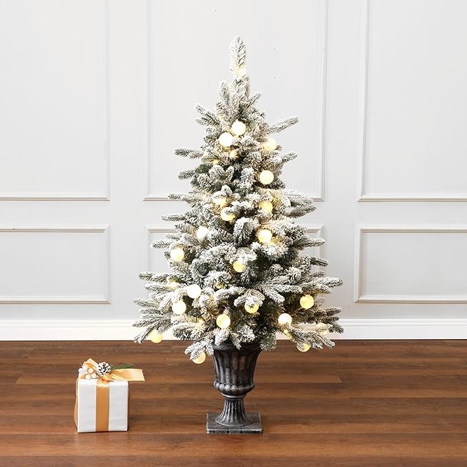 LuxenHome 4FT Small Potted Christmas Tree, Flocked Christmas Tree with 70 LED Globe Lights, Prelit Artificial Xmas Trees with Rustic Urn Pot, Lighted Pine Tree for Indoor, Outdoor Holiday Display