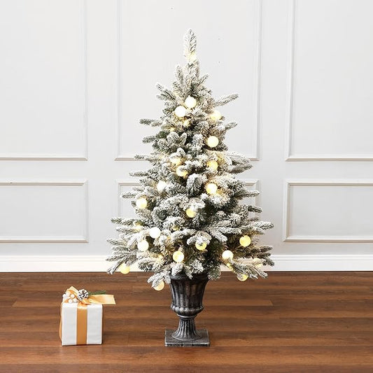 LuxenHome 4FT Small Potted Christmas Tree, Flocked Christmas Tree with 70 LED Globe Lights, Prelit Artificial Xmas Trees with Rustic Urn Pot, Lighted Pine Tree for Indoor, Outdoor Holiday Display