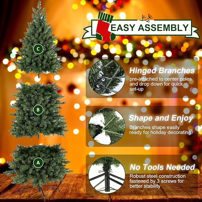 Himimi Pre-Lit Christmas Trees Slim Fraser Fir Artificial Tree with Multicolor LED Lights, Layered Brach Tips Noble Holiday Décor, Foldable Metal Stand & Protective Foot Caps, 6 Foot