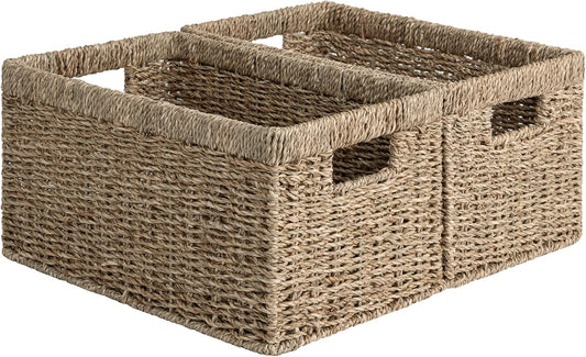 StorageWorks Wicker Storage Basket for Organizing, Medium Seagrass Storage Baskets with Built-in Handles for Pantry, Shelves,2-Pack
