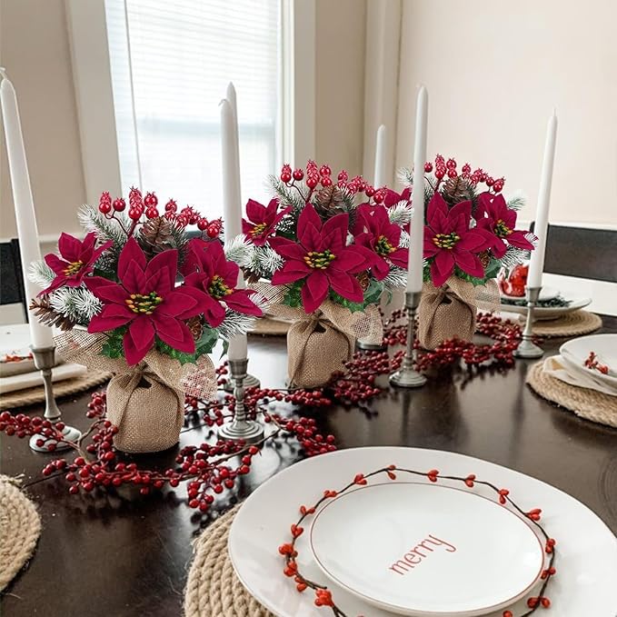 HUAESIN 2PCS Artificial Poinsettias Potted 11" Christmas Plants Fake Mini Christmas Tree with Berries Pinecone Table Centerpieces Indoor Xmas Decorations for Tables Kitchen Office Desk Home