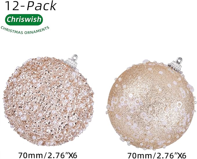 12CT Christmas Ball Ornaments, Champagne Christmas Ball Decorations Shatterproof Plastic Hanging Pearl Balls for Holiday Party(70mm/2.76")