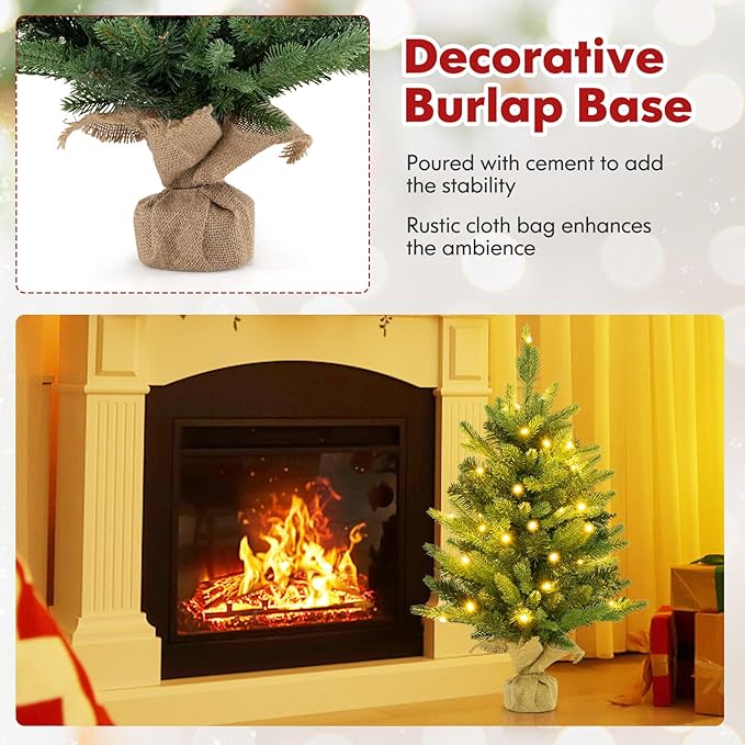 GOFLAME 2FT Pre-Lit Artificial Mini Christmas Tree, Small Tabletop Xmas Fir Tree with 234 Branch Tips, 35 Warm White LED Lights, Timer, Holiday Decoration Tree with Burlap Base