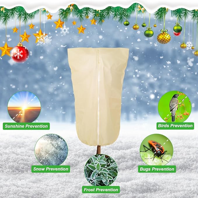 2 Pack 43"x32" Winter Plant Covers Freeze Protection Frost Cloth Blankets, 3 oz/yd² Tree Cover with Zipper Drawstring, Frost Protection Jacket for Outdoor Plant Cold Weather Protector Beige