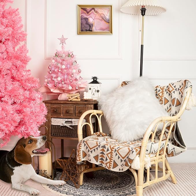 XmasExp 20in Mini Christmas Tree with Lights Pink Small Christmas Tree Artificial Tabletop Xmas Decor Holiday Decoration for Home, Office, Party