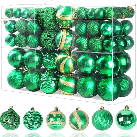100PCS Christmas Ball Ornaments, Assorted Shatterproof Christmas Tree Decorations, Seasonal Decorative Hanging Baubles Decor Set for Xmas/Holiday/Party, Glitter&Painting Ornament Set (Green Gold)