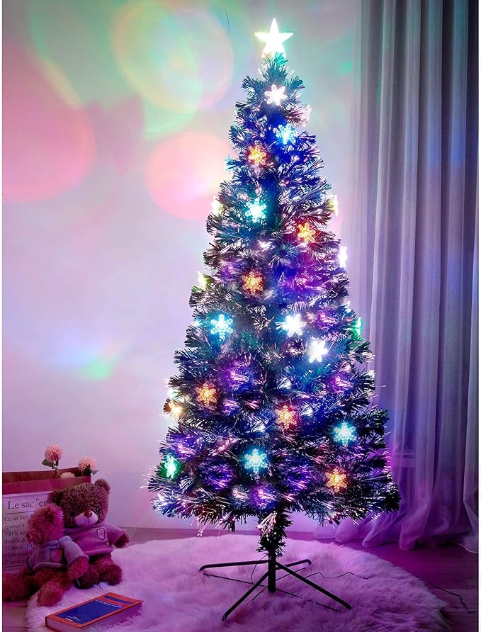 Juegoal 7 ft Pre-Lit Optical Fiber Christmas Artificial Tree, with LED RGB Color Changing Led Lights, Snowflakes and Top Star, Festive Party Holiday Fake Multicolor Xmas Tree with Sturdy Metal Legs