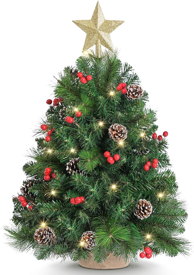 2ft Tabletop Pre-lit Christmas Tree with Star Treetop, Clear LED Lights, Artificial Xmas with Burlap Base for Table Desk Home Decor