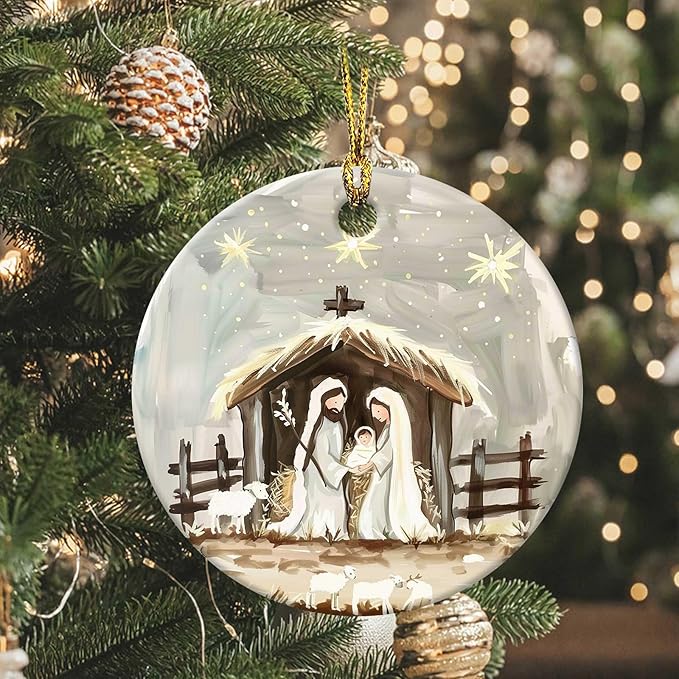Nativity Night Ornaments Round Nativity Scene Ceramic Stained Glass Style Birth of Jesus Christ Hanging Ornament Christmas Keepsake Decor for Xmas Tree Winter Holiday Xmas Gift for Women Men 3"