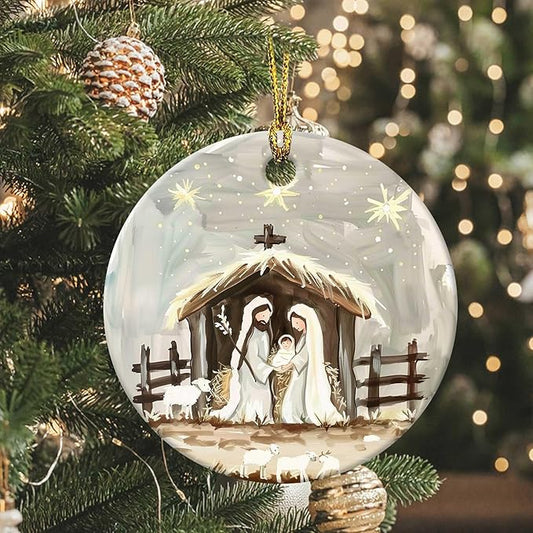 Nativity Night Ornaments Round Nativity Scene Ceramic Stained Glass Style Birth of Jesus Christ Hanging Ornament Christmas Keepsake Decor for Xmas Tree Winter Holiday Xmas Gift for Women Men 3"