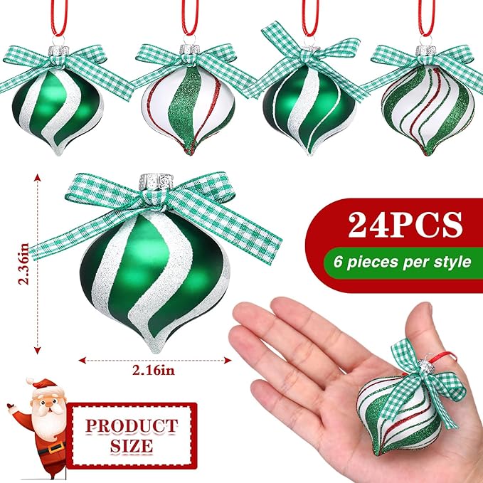 Syhood 24 Pcs Christmas Tree Ornaments, Christmas Ball Decorations Set, Shatterproof Baubles Xmas Tree Hanging Decor, Peppermint Candy Ball Red White Green Stripes Party Holiday(Cute,2.36 Inches)