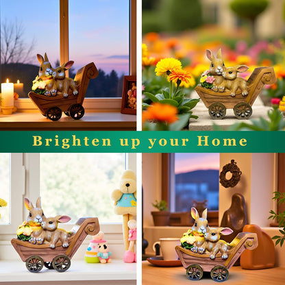 PRETMANNS Solar Rabbit Garden Statue - Mother & Baby Bunny Outdoor Decor with LED Lights for Patio, Yard Ornament & Gifts for Women & Mom - Medium