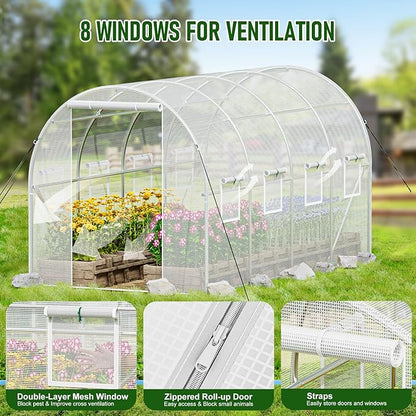SPECILITE Walk-in Tunnel Greenhouse for Outdoors, 15×7×7 FT Heavy Duty Hoop House Kit with 8 Screen Windows, Thicken PE Cover & Galvanized Frame, Portable Large Green Houses for Outside, Winter, White
