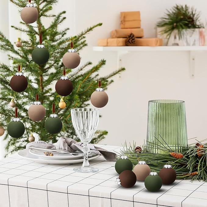 12 Pcs Neutral Matte Christmas Ball Ornaments 2.4 Inch Rustic Boho Brown Green Tan Xmas Bulbs Ornament Vintage Xmas Baubles Modern Christmas Decor for Tree Farmhouse Decor