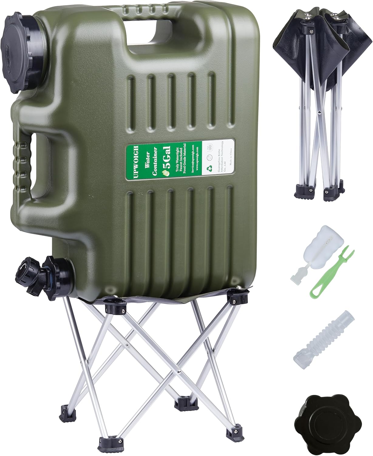 UPWOIGH 5 Gallon Water Jug with Spigot and Folding Stool – Leak-Proof, BPA-Free Portable Green Water Container with Stand, Large Outdoor Storage Tank for Camping, Hiking, RV, Travel, and Emergency Use