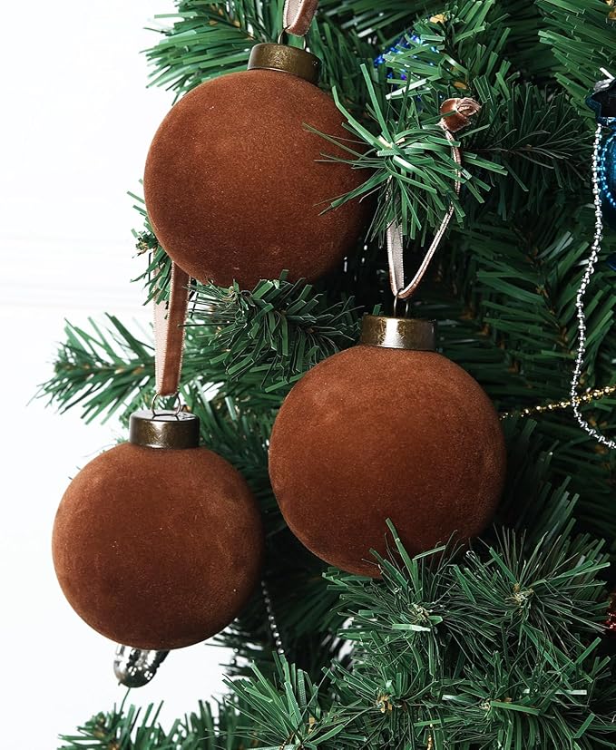 12 Pcs Velvet Christmas Balls Bulk Shatterproof Plastic Christmas Tree Decorations for Decorative Hanging Baubles (12, Brown, 3.15Inch)
