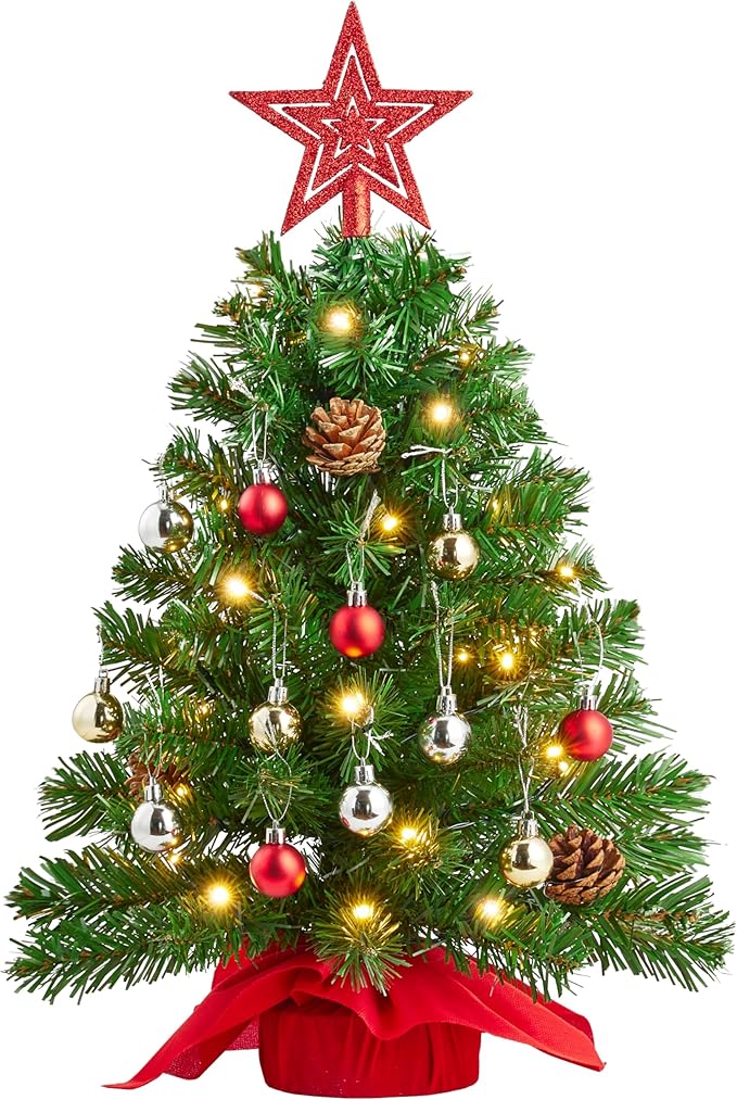Joiedomi 24 Inch/2FT Tabletop Mini Christmas Prelit Decoration, Artificial Mini Xmas Pine Tree with Prelit LED String Lights and Ornaments Decor, Christmas New Year Decoration Tree Decor