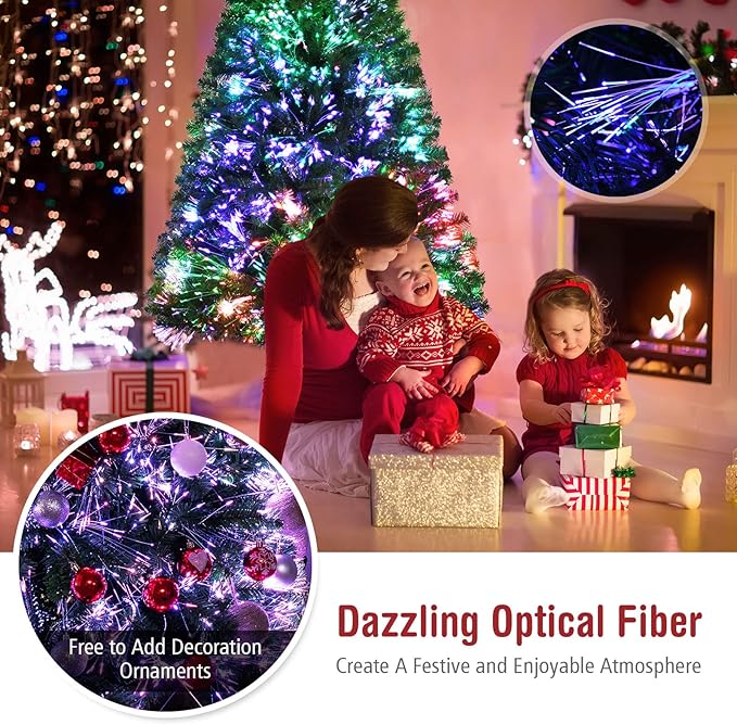 HAPPYGRILL 5FT Pre-lit Fiber Optic Christmas Tree with 449 Branch Tips, New PVC Leaves, Life-Like Artificial Xmas Tree with Folding Metal Stand