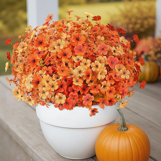 AmyHomie 16 Bundles Fall Orange Yellow Artificial Flowers for Outdoor Fall Decor UV Resistant Faux Flowers No Fade Fake Plastic Plants Garden Porch Window Box Decorating