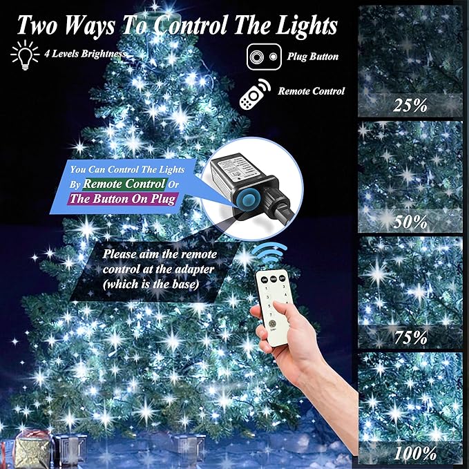 Christmas Tree Lights String, 200LED Christmas Lights for Tree with 8 Light Modes & Memory Function, 5FT x 10 String Lights with Timing & Remote Control for Xmas Holiday Decorations - Cold White