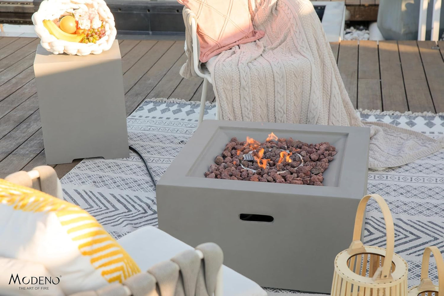 AMS Fireplace | Modeno Ridgefield Package | Light Gray Natural Gas Fire Pit Table for Outside Patio Bundle with Wind Guard, SS Burner Lid | Free Ice Bucket & Rubber Mat